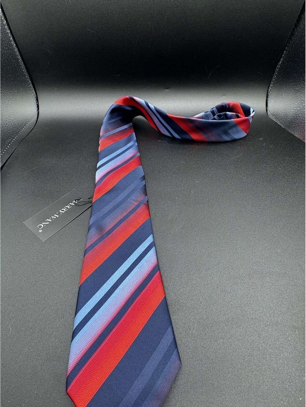 Barry Wang 100% Silk NWT Red Blue Striped Necktie Hand Tailored Business